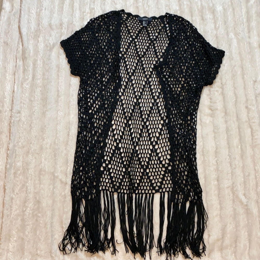 Black crochet sweater short sleeve hippy boho sweater cover up